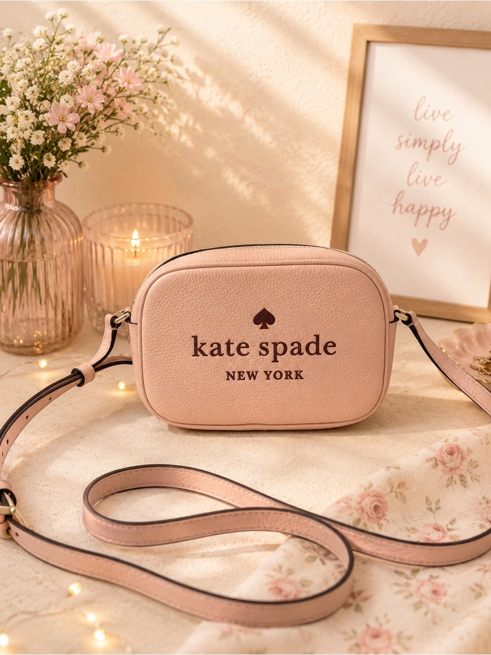 Kate Spade Purse Glitter Pink Leather Camera Bag Crossbody Pebbled Leather EUC